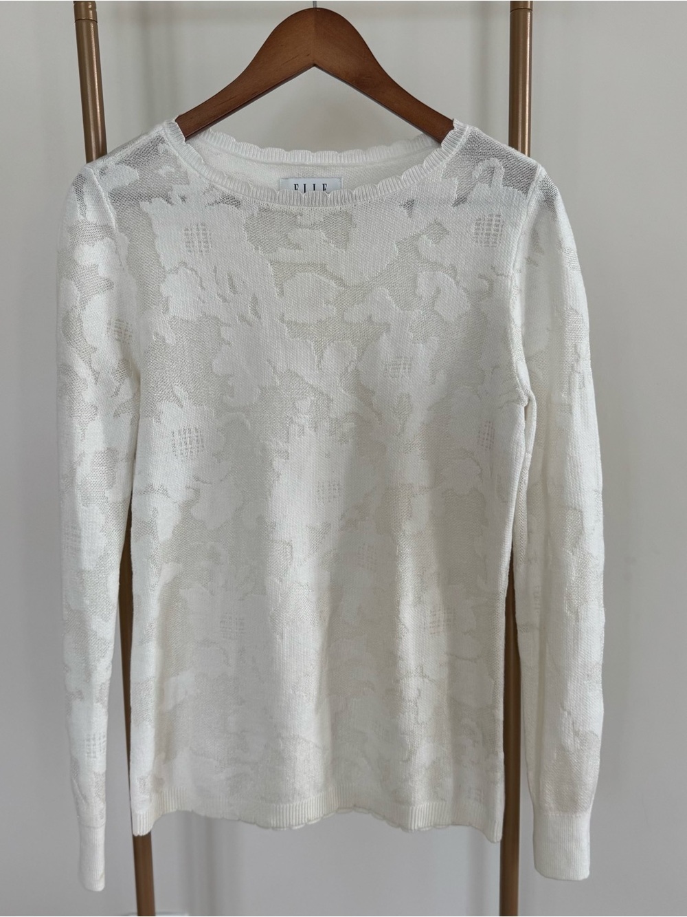 Elle White Floral Sheer Knit Long-Sleeve Top